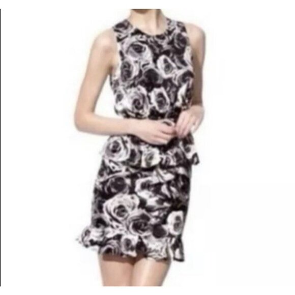Kate Young Dress 16 Black Ivory Gray Floral Peplum Sheath Washable Faux Silk - Picture 3 of 11